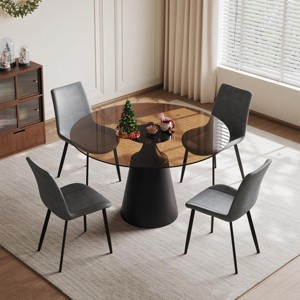 35" Gray Mid-Century Modern 5-Piece Round Dining Table Set with 4 Upholstered Ergonomic Chairs, Ideal for Kitchen or Apartment -3irtyhousy - 1 of 4