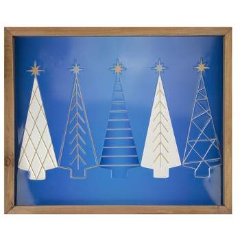 Northlight 17.75" Blue and White Christmas Trees Wooden Framed Wall Art