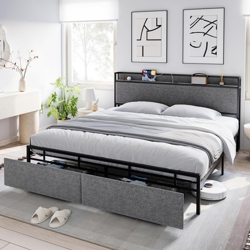 Full Size Bed Frame , 55.5 W Metal Platform Bed Frames No Box Spring Needed, Steel Slat Support, Black