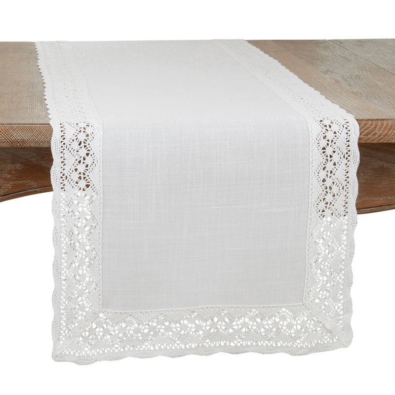 Saro Lifestyle Table Runner with Lace Border Design, 16"x72", White, 1 of 4