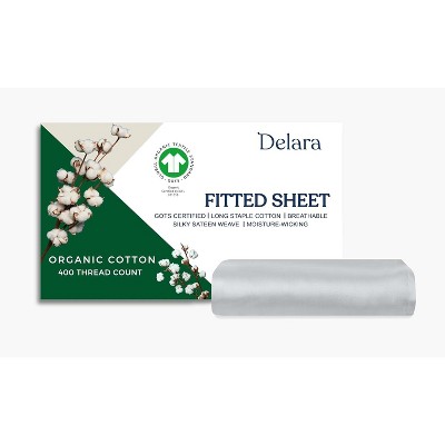 Delara GOTS Certified 100% Organic Cotton Fitted Sheet, 400TC, Long Staple, Soft, Silky, Moisture-Wicking & Breathable Sheet