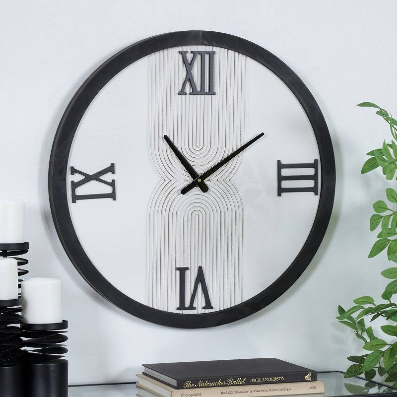 24&#34;x24&#34; Wood Geometric Art Deco Inspired Line Art Wall Clock with Black Accents White - Novogratz, 2 of 6
