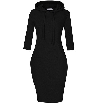 Women's Sweatshirt Dress 3/4 Sleeve Hoodie with Front Pocket Knee Length Slim Fit Pullover Hoodie Dress,Black-2 - S