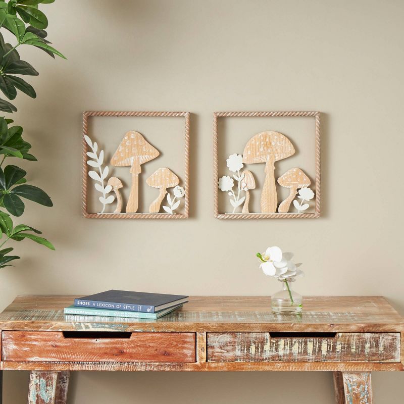 Set of 2 Wooden Mushroom Cutout Wall Decors with Carved Twisted Frame and White Floral Accents Brown - Olivia &#38; May, 2 of 9