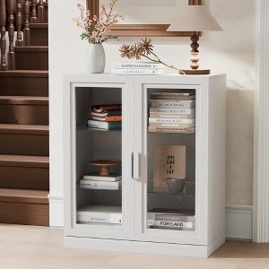 36 in. Tall Wood Grain Storage Cabinet in White, Storage Organizer with 2 Glass Doors for Bedroom Living/Dinning Room - 1 of 4