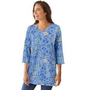 Woman Within Plus Size Perfect Printed Three-Quarter-Sleeve V-Neck Tunic - 1 of 4