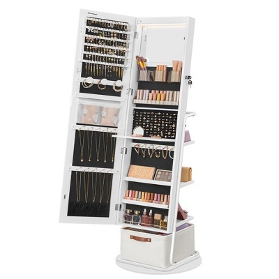 SONGMICS 360° Swivel Mirrored Jewelry Cabinet with Lights Full-Length Mirror with Jewelry Storage