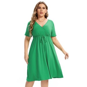 Women's V Neck A-Line Knee Length Wrap Mini Dress with Belt - 1 of 1