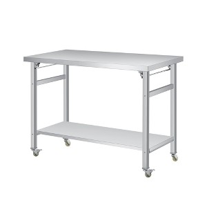 Inch Stainless Steel Folding Table, 920Lbs Double Tier Prep Station with Undershelf, Lockable Casters, Heavy Duty Commercial Workbench, Silver - 1 of 4