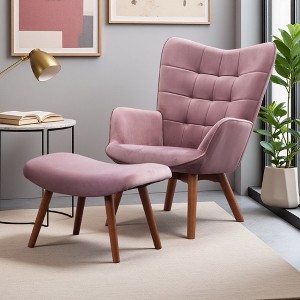 Silky Velvet Contemporary Accent Chair with Diamond Button Tufting and Ottoman - 1 of 4