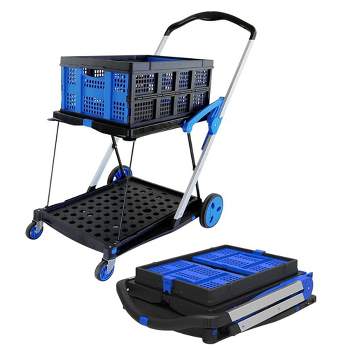 Magna Cart 2-Tier Folding Shopping Rolling Crate Cart, Grocery Cart with Collapsible Utility Tote Crate and Brake System, Black/Blue