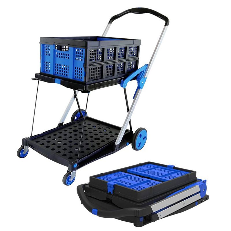 Magna Cart 2-Tier Folding Shopping Rolling Crate Cart, Grocery Cart with Collapsible Utility Tote Crate and Brake System, Black/Blue, 1 of 7