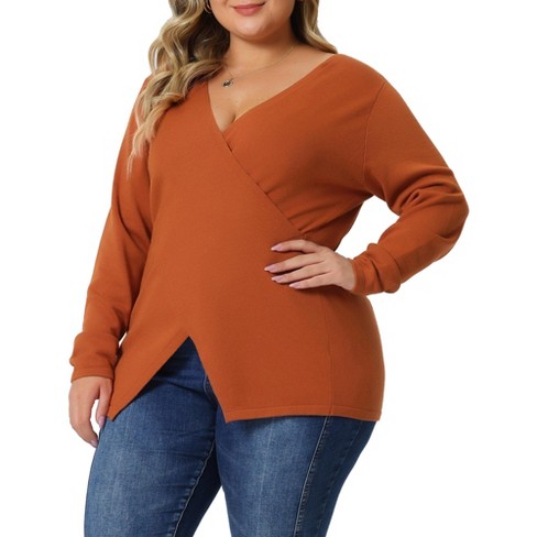 Agnes Orinda Women's Plus Size Knit Deep V Neck Wrap Curvy Pullover  Sweaters Orange 4X