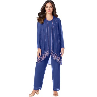 Roaman's Women's Plus Size Three-piece Beaded Pant Set - 34 W, Blue ...