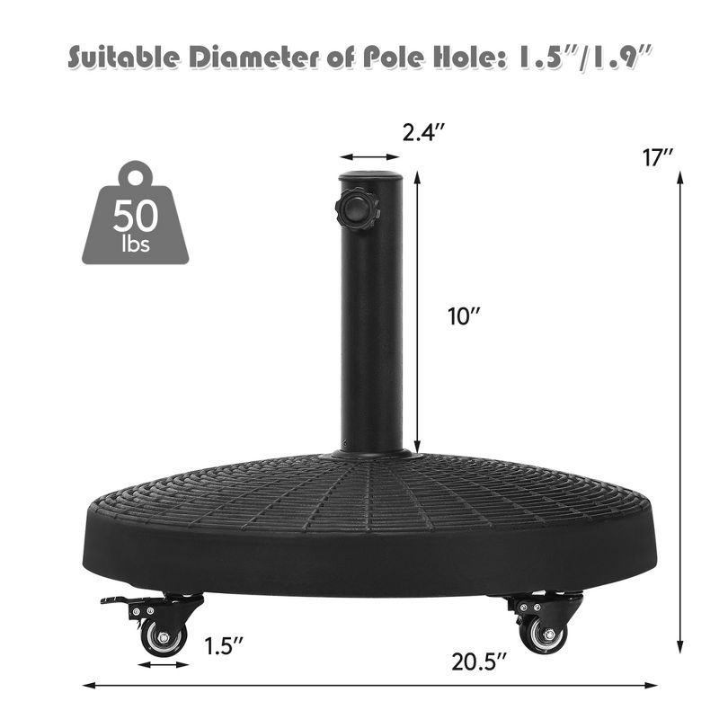 Costway 50 lbs Round Resin Patio Umbrella Base Stand Holder w/ Lockable Wheels, 5 of 11