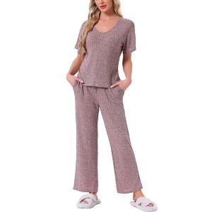 INSPIRE CHIC Womens Lounge Casual Ribbed Knit Short Sleeve Drawstring Pants Pajama Set with Pockets - 1 of 4