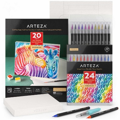 Arteza Watercolor Painting Art Set, 24 Real Brush Pens and 20 Foldable Canvas Paper Sheets (ARTZ-3565)