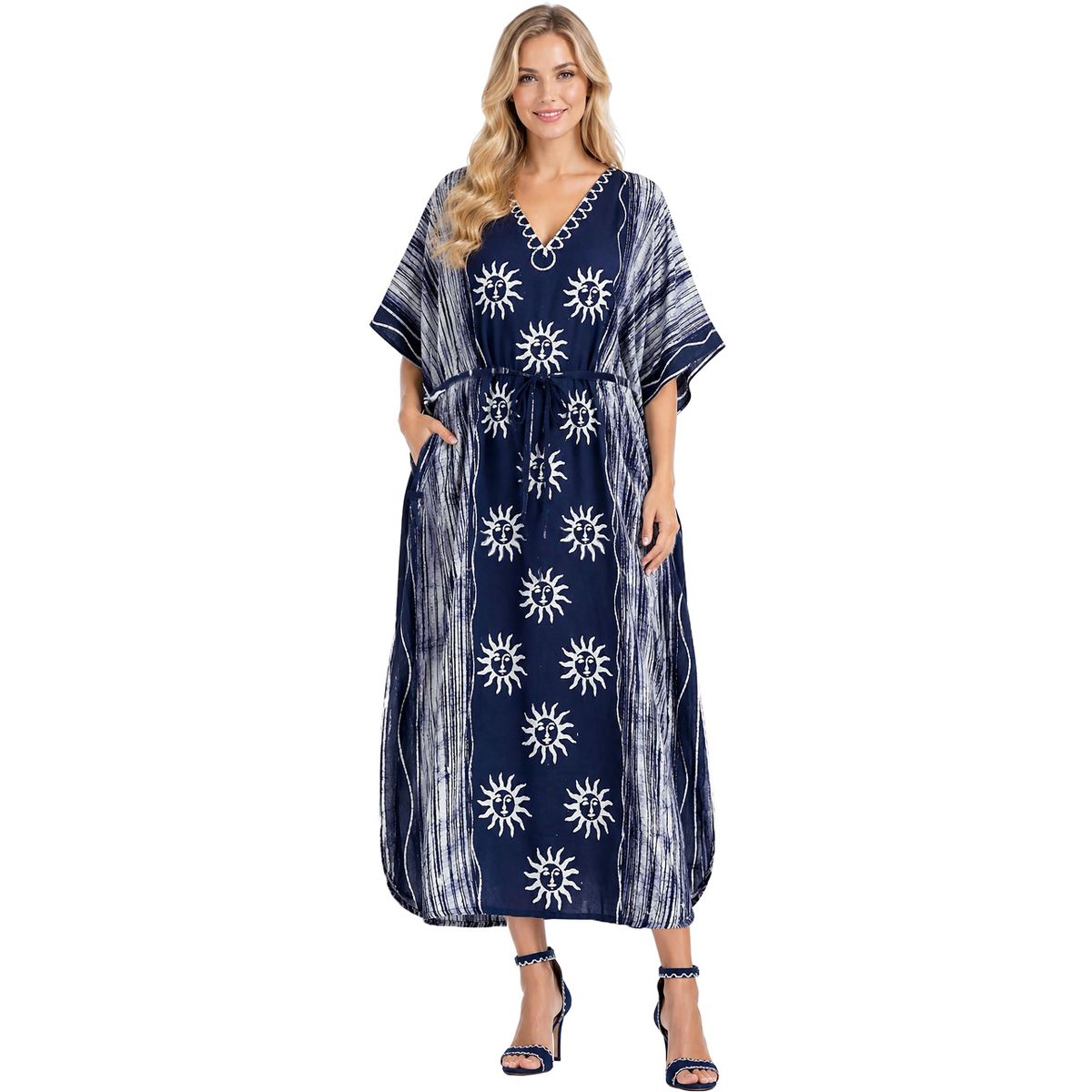 LA LEELA Summer Cotton Elegant Caftan Dress for Women Resortwear Cruise Vacation Holiday Loungewear Maxi Outfit 2X-3X Blue Sun