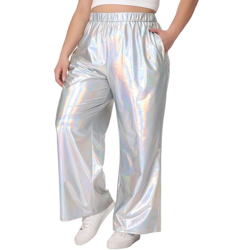Agnes Orinda Women's Plus Size High Waist Stretchy Holographic Hip Hop Streetwear Metallic Shiny Jogger Pants, 2 of 6