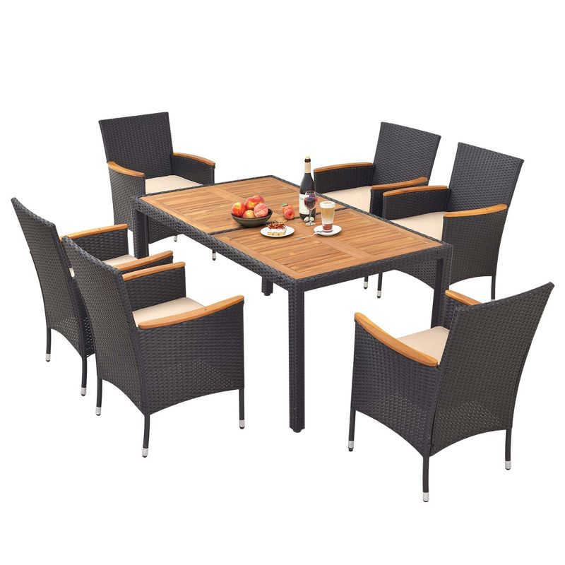 Costway 7 PCS Outdoor Dining Set for 6 with Umbrella Hole Acacia Wood Tabletop Poolside Black & Natural, 2 of 11
