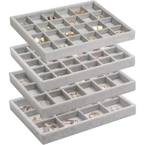 Set of 4 Stackable Velvet Jewelry Trays, Drawer Organizer & Display Case for Earrings, Necklaces, Bracelets and Rings, Grey - 1 of 4