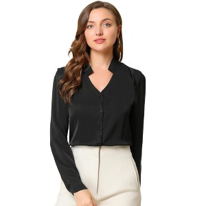 Allegra K Women's Elegant V Neck Work Office Button Up Shirt - 1 of 4