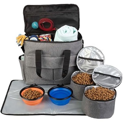 Dog Travel Bag - Cat and Dog Storage Organizer with Pockets, Mat, 2 Food Containers, and 2 Large Collapsible Travel Pet Bowls by PETMAKER (Gray)