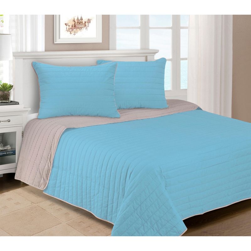 Solid Cotton Reversible Farmhouse Reversible Quilt and Sham Set, Twin, Light Blue  - Blue Nile Mills, 1 of 2