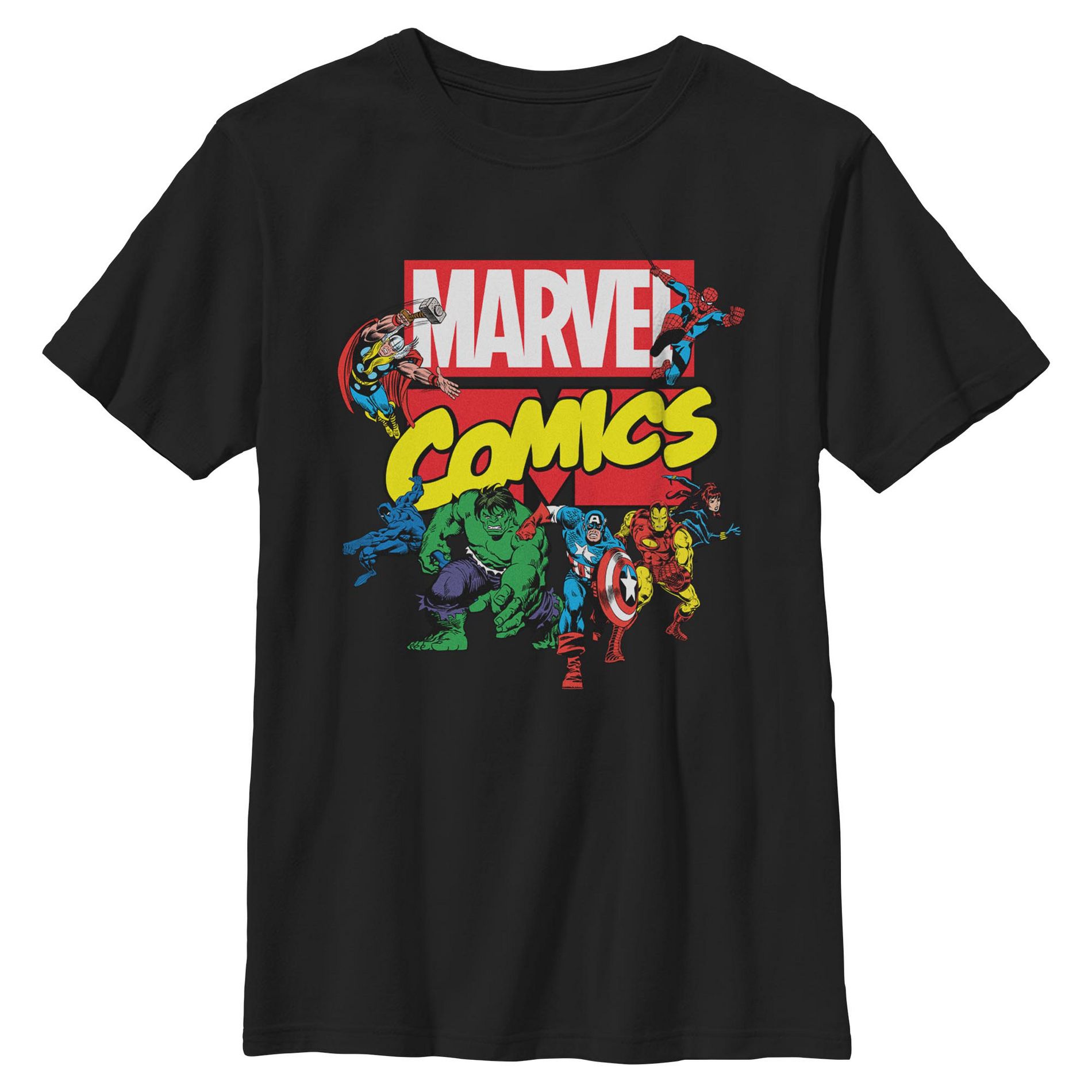 Boys Marvel Assemble Comic Team T Shirt - Black - Small