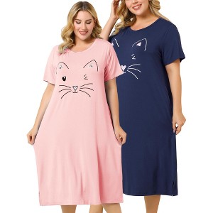 Agnes Orinda Women's Plus Size Cute Cat Print Short Sleeve with Pockets Nightgowns - 1 of 4