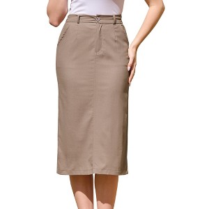 INSPIRE CHIC Women's Cotton Linen Casual Back Slit High Waisted Midi Skirt with Pockets - 1 of 4