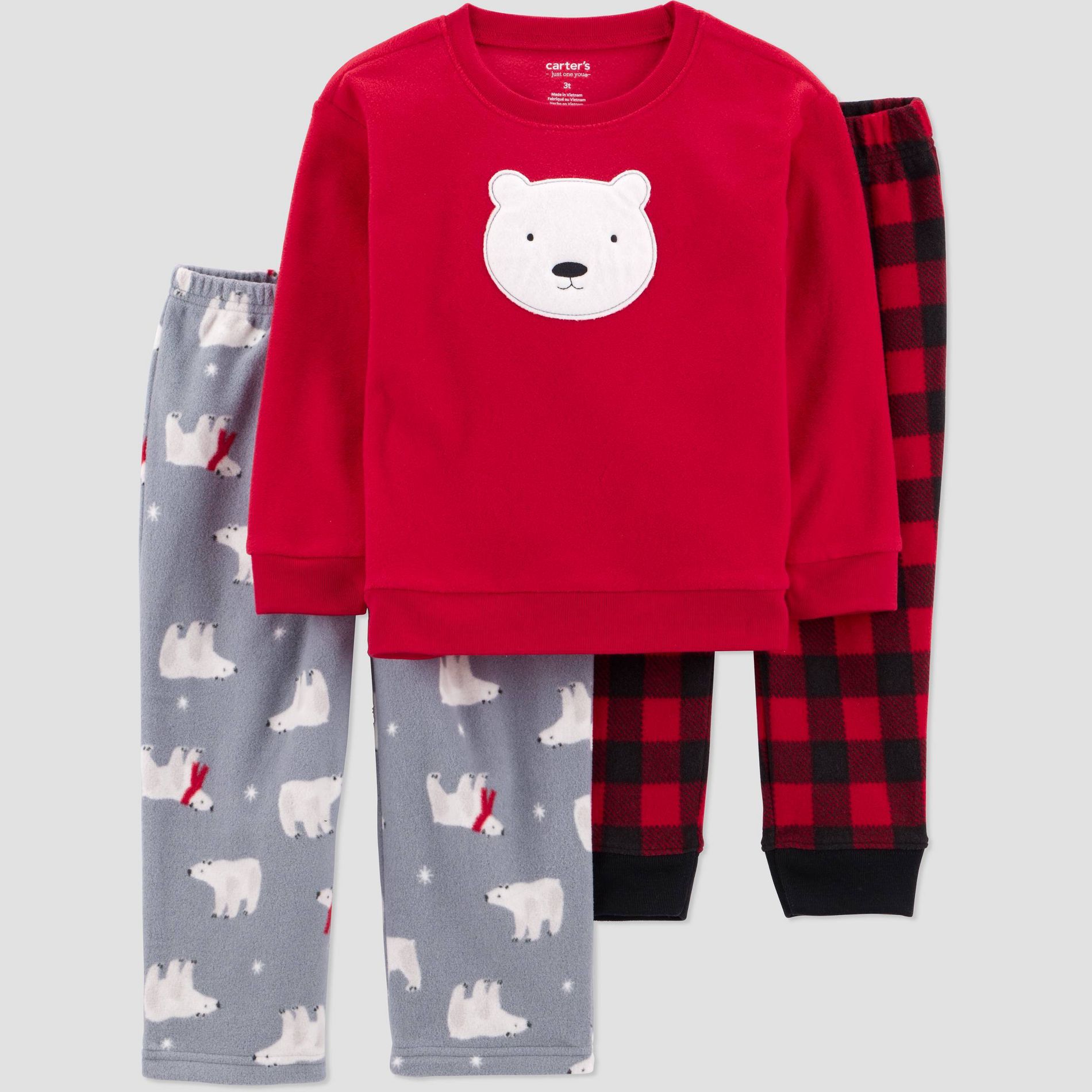 Carter's Just One You® Toddler Boys' 3pc Christmas Buffalo Checkered Long Sleeve Poly Fleece Pajama Set - Red/Black/Gray 4T