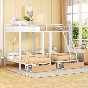 Full Over Twin & Twin Bunk Bed, Metal Triple Bunk Bed with Drawers and Guardrails - ModernLuxe - 1 of 4