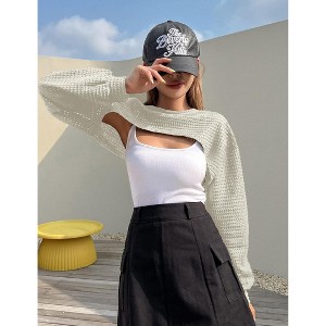 Women's Knitted Crop Top Long Sleeve Hollow Out Shrug Sweater  Knit Cover Up Tops - 1 of 4
