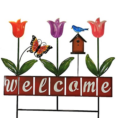 Home & Garden 28.0" Welcome With Tulips Poke Yard Decor Butterfly Direct Designs International  -  Decorative Garden Stakes