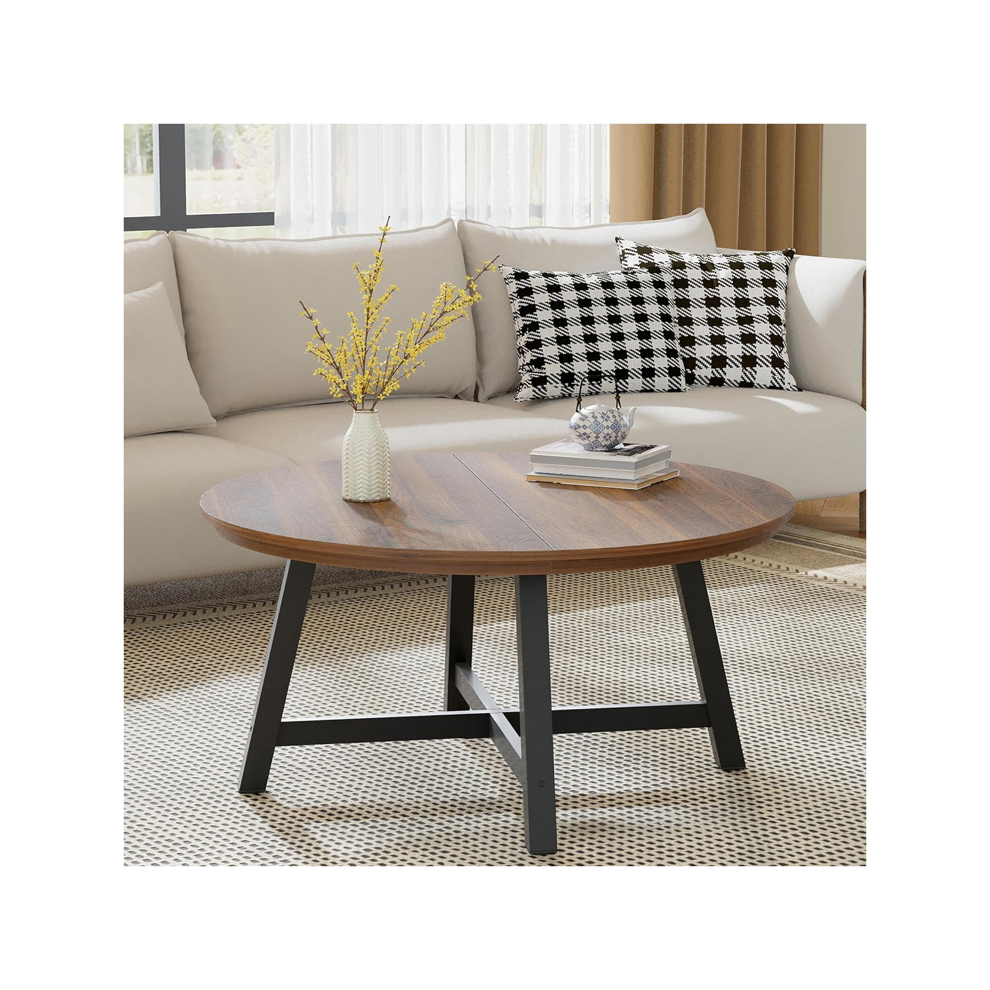Round Coffee Table 36" Center Table,Large Coffee Table Accent Tables with Adjustable Feet, Living Room Tables with Thickened Legs,Designed Wood Grain