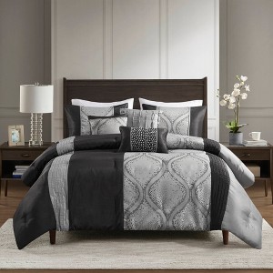 6Pcs Comforter Set Jacquard Ogee Bedding with Decorative Pillows, All Season Hypoallergenic Polyester with Embroidery Detail - 1 of 4