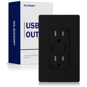 ELEGRP 30W USB Outlets Receptacles, 15 Amp Outlet with Dual USB C Ports for Support Fast Charge Protocols,w/Wall Plate, UL Listed,Black,1 Pack - 1 of 1