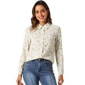 Allegra K Women's Point Collar Long Button Sleeve Button Down Floral Shirt - 1 of 4
