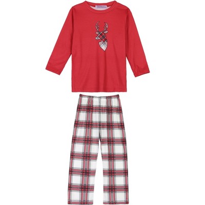 cheibear Christmas Elk Print Tops with Plaid Pants Xmas Sleepwear Family Pajama Set