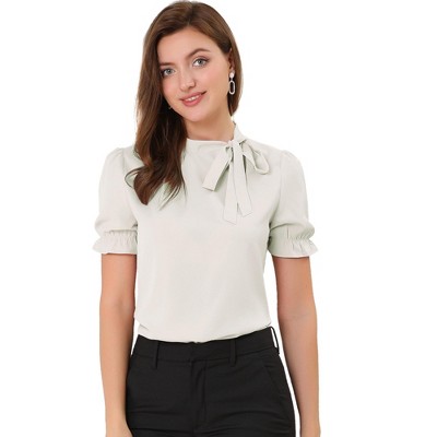 INSPIRE CHIC Women's Bow Tie Neck Solid Color Elastic Cuffs Elegant Office Short Sleeve Blouse