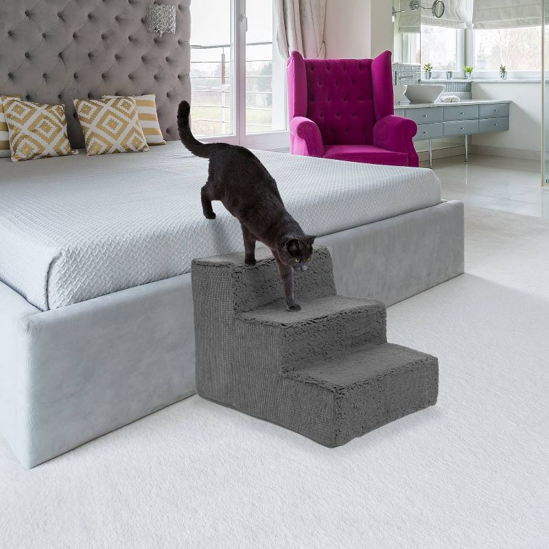 Precious Tails Faux Shearling High Density Foam Top Wide 3-Step Pet Stairs - Gray, 3 of 6