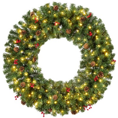 Best Choice Products Pre-Lit Christmas Wreath w/Berries & Pinecones, Large Artificial Indoor/Outdoor Décor, Plug-in