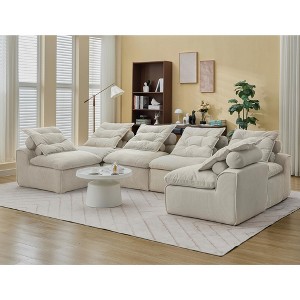 132'' Corduroy Modular No-Armrests DIY 6-Seater U-Shaped Sectional Sofas with Neck Pillow and Lumbar Pillow - 1 of 4