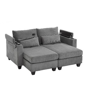 TiramisuBest 63" Convertible Chaise Lounge Loveseat Sofa Bed Corduroy Upholstery with USB Ports, Cup Holders, Phone Holder & Storage,Beige - 1 of 4