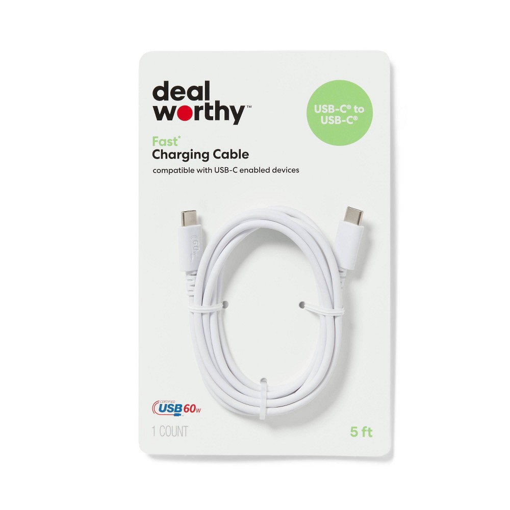 5' USB-C to USB-C Charging Cable - dealworthy™ White 2 pcs 