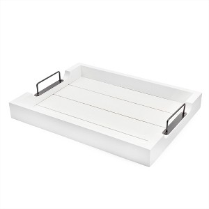 AuldHome Design White Rustic Wood Serving Tray; Farmhouse Shiplap Ottoman Tray w/ Black Metal Handles - 1 of 4