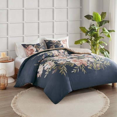 Camillia Navy Floral Cotton King/Cal King Duvet Cover Set