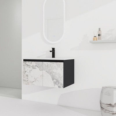 30'' White and Gray Floating Wall-Mounted Bathroom Vanity with Ceramic Sink