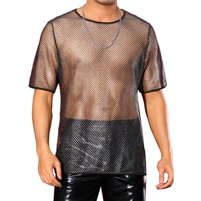 INSPIRE CHIC Men's See Through Short Sleeves Party Shiny Mesh Sheer T-Shirt